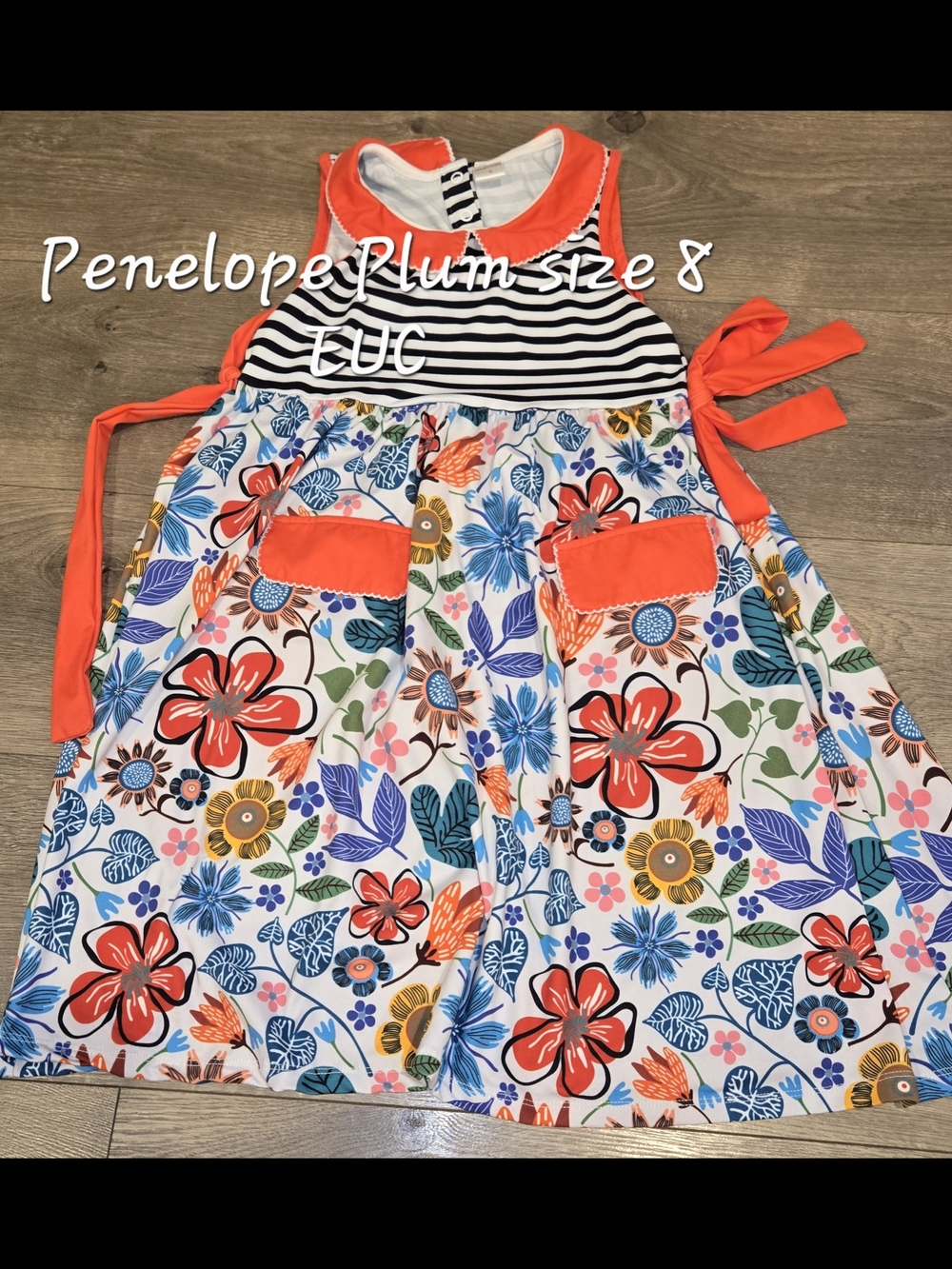 Penelope Plum Coral Trim Floral Stripe Girls Dress Size 8